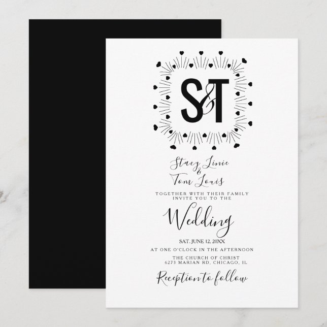 Schwarz-weiße Hochzeit von Herz und Hand Einladung (Vorne/Hinten)