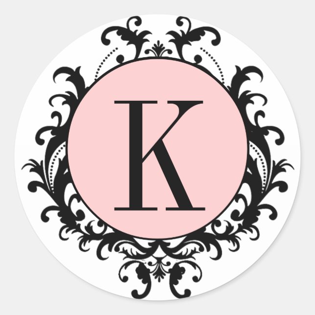 Schwarz-weiße Hochzeitmonogramm-K-Damaske-Rosa-Eti Runder Aufkleber (Vorderseite)
