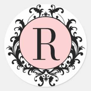 Schwarz-weiße Hochzeitmonogramm R Damask rosa Etik Runder Aufkleber