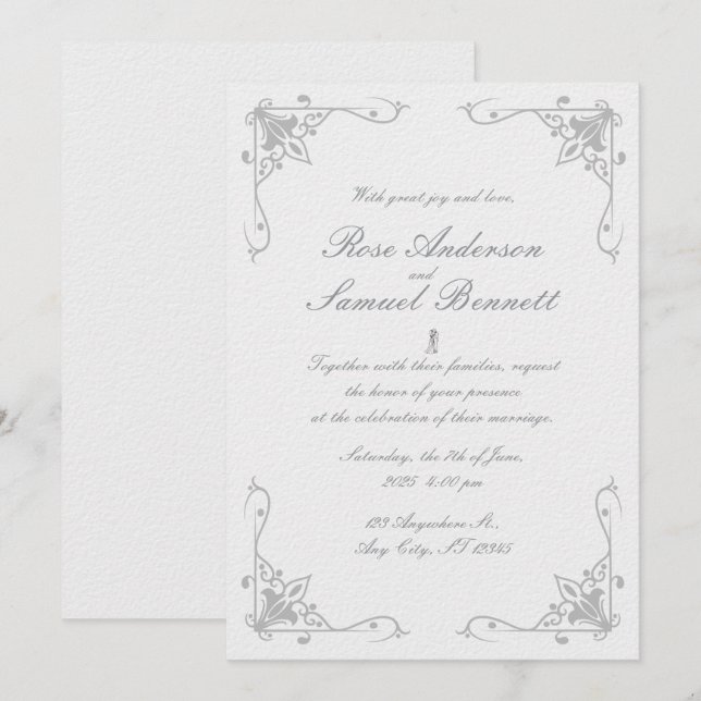 Schwarz-weiße Hochzeitseinladung Barockrahmen Einladung (Vorne/Hinten)