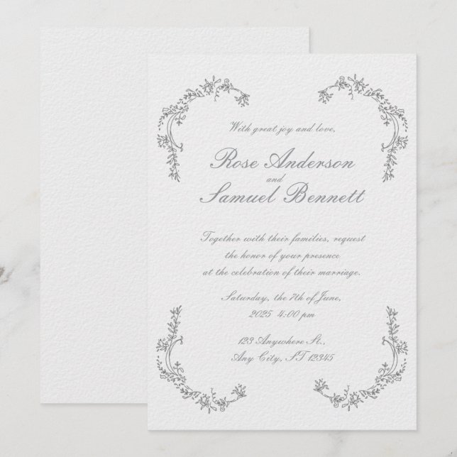 Schwarz-weiße Hochzeitseinladung Barockrahmen Einladung (Vorne/Hinten)