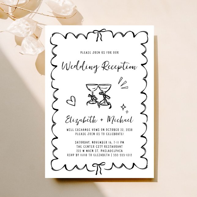 Schwarz-weiße Hochzeitsempfehlung mit Whimsikhand Einladung (Fun reception invitation featuring whimsical hand drawn wine glasses with hearts + coquette bows)
