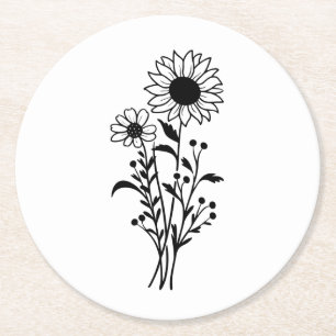 Schwarz-weiße Hochzeitsfeier mit Blumensonnenblume Runder Pappuntersetzer