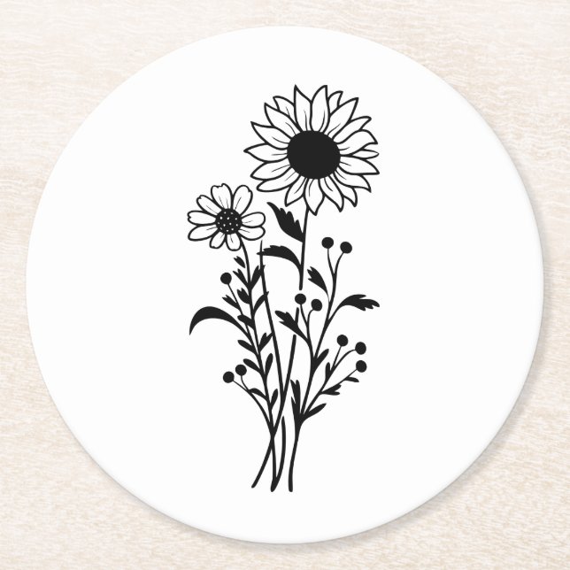 Schwarz-weiße Hochzeitsfeier mit Blumensonnenblume Runder Pappuntersetzer (Vorderseite)