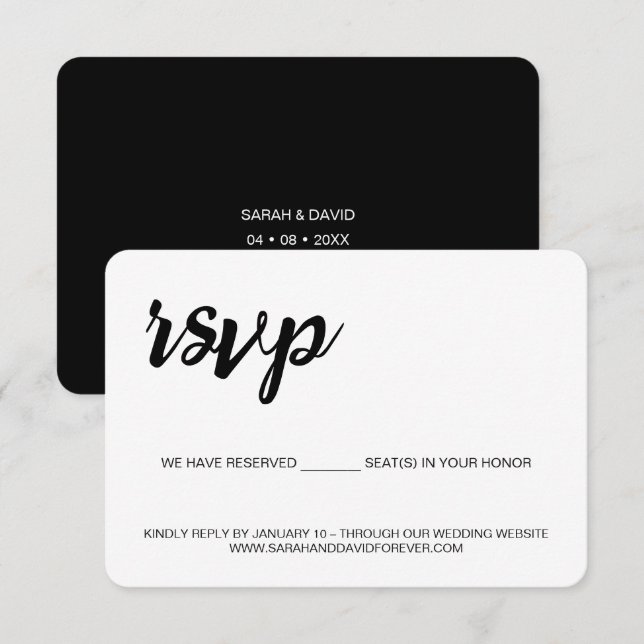 Schwarz-weiße Hochzeitssitze Hochzeitswebsite RSVP Karte (Vorne/Hinten)