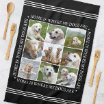 Schwarz-weiße Hunde für stylische Texfoto Collage Geschirrtuch<br><div class="desc">Erstellen Sie ein schönes personalisiertes Küchentuch mit neun Ihrer Lieblings-Fotos und gerahmt mit den Worten "Zuhause ist, wo mein Hund ist". Dieses stilvolle Design verfügt über einen klassischen weißen Typ auf einem schwarzen Hintergrund und der Text kann angepasst werden, wenn Sie etwas Anderes bevorzugen. Eine vielseitige Vorlage, die perfekt für...</div>