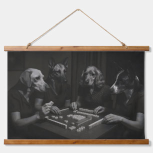 Schwarz-weiße Hunde spielen Mahjong Wandteppich Mit Holzrahmen