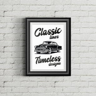 Schwarz-weiße Illustration eines klassischen Autos Poster