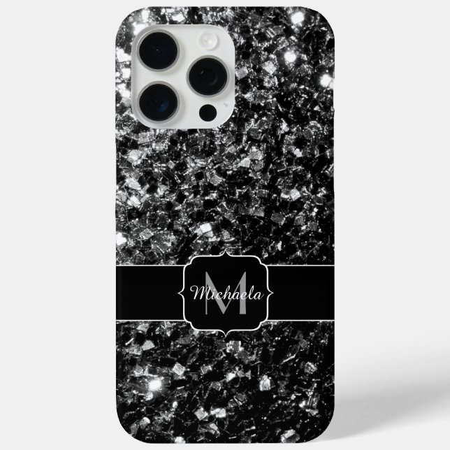 Schwarz-weiße Imitate Glitzer Glitzern Monogram Case-Mate iPhone Hülle (Rückseite)
