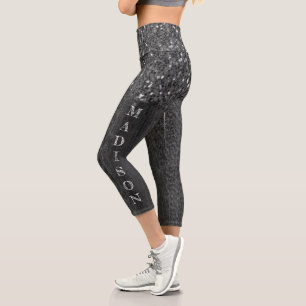 Schwarz-weiße Imitate Glitzern aus rustikalem Holz Capri Leggings