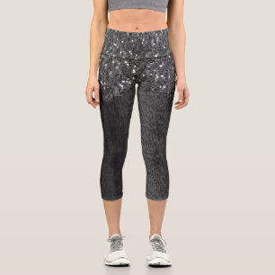 Schwarz-weiße Imitate Glitzern rustikales Holz Capri Leggings