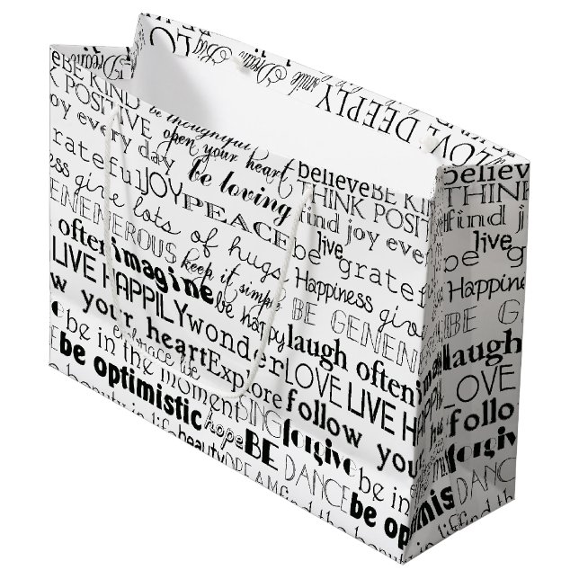 Schwarz-weiße Inspirationsworte Weihnachten Große Geschenktüte (Vorderseite Schrägansicht)