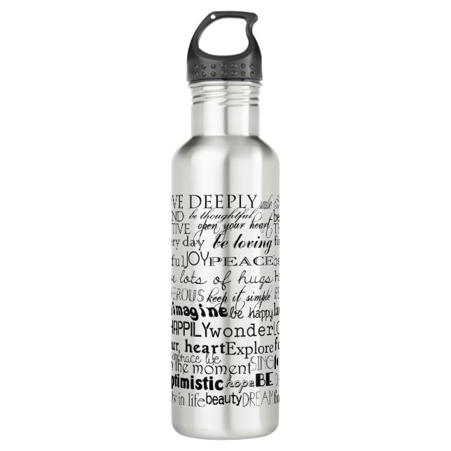Schwarz-weiße Inspirationswörter Edelstahlflasche (Vorderseite)