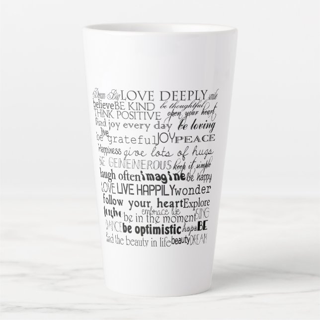 Schwarz-weiße Inspirationswörter Milchtasse (Vorderseite)