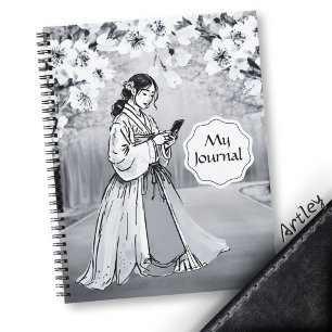 Schwarz-weiße japanische Frau Cherry Blossom Notizbuch