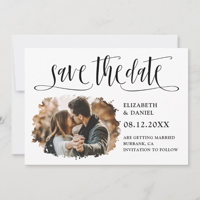 Schwarz-weiße Kalligrafie Hochzeit 2 Spritzer Foto Save The Date (Vorderseite)