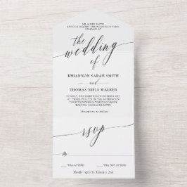 Schwarz-weiße Kalligrafie-Hochzeit All In One Einladung