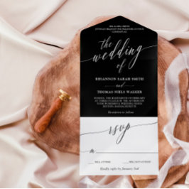 Schwarz-weiße Kalligrafie-Hochzeit All In One Einladung