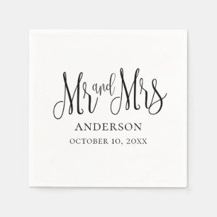Schwarz-weiße Kalligrafie-Hochzeit. Herr und Frau Serviette