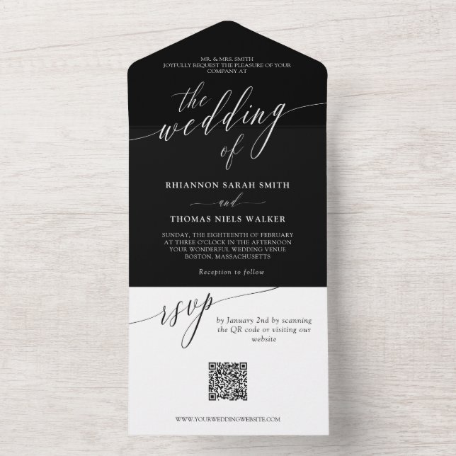 Schwarz-weiße Kalligrafie Hochzeit QR-UAWG All In One Einladung (Innen Boden)