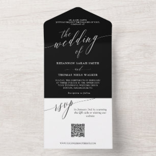 Schwarz-weiße Kalligrafie Hochzeit QR-UAWG All In One Einladung