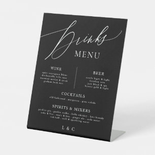 Schwarz-weiße Kalligrafie-Menü mit Hochzeiten-Bar Sockelschild