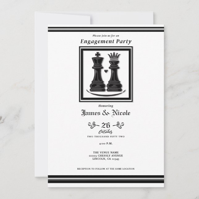 Schwarz-weiße King & Queen Chess Engagement Party Einladung (Vorderseite)