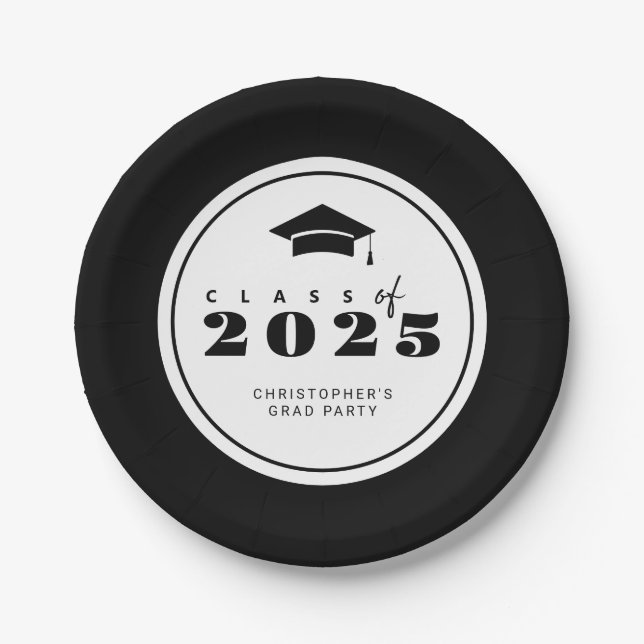 Schwarz-weiße Klasse des Abschlusses 2025 Pappteller (Vorderseite)