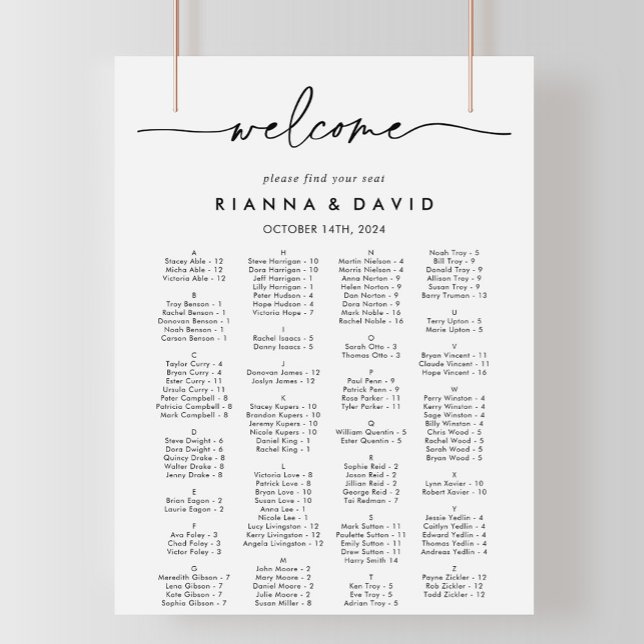 Schwarz-weiße Klassische Alphabetische Sitzkarte Poster (Von Creator hochgeladen)