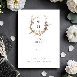 Schwarz-weiße klassische Blumenhochzeit Gold Wappe RSVP Karte