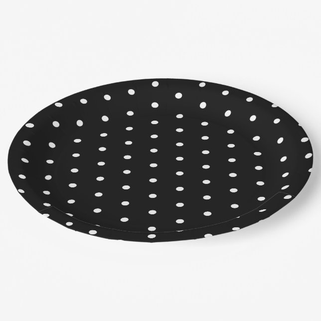 Schwarz-weiße kleine Polka-Punkte Pappteller (Schrägansicht)