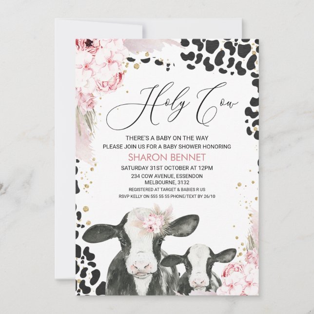 Schwarz-weiße Kuh Calf Boho Floral Baby Dusche Einladung (Vorderseite)