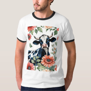 Schwarz-Weiße Kuh mit orangen Blumen T-Shirt