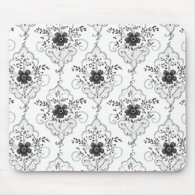 Schwarz Weiße Kunststoff-Spitzen-Blumen Mousepad (Vorne)