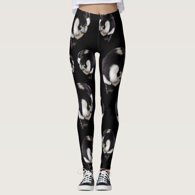 Schwarz-weiße Lemur Muster Volldrucke Leggings (Vorderseite)