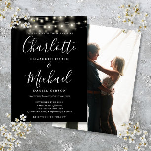 Schwarz-weiße Lichterketten-Skript-Foto-Hochzeit Einladung