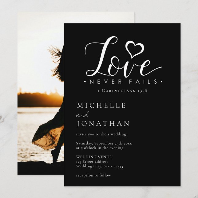 Schwarz-weiße Liebe Versage nie Foto Hochzeit Einladung (Vorne/Hinten)