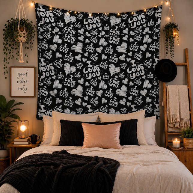 Schwarz-weiße Liebesherzen-Tapete romantisches Sch Wandteppich (Wrap Your Space in Love)