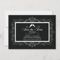 Schwarz-weiße Liebesvögel Save the Date Vintag