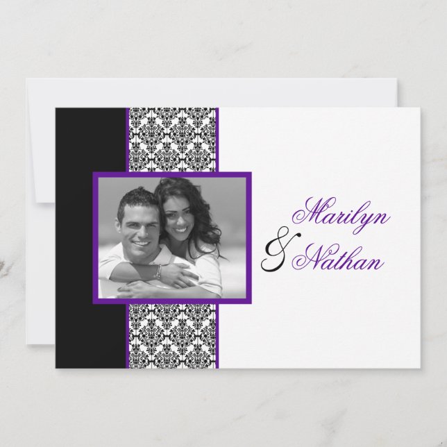 Schwarz-weiße Lila Damask Foto Hochzeit Einladung (Vorderseite)
