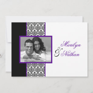 Schwarz-weiße Lila Damask Foto Hochzeit Einladung