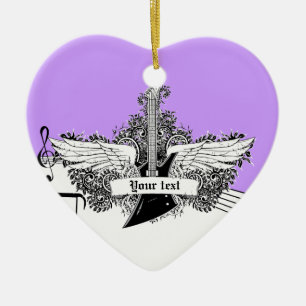 Schwarz-weiße lila Gitarre mit Flügeln Keramik Ornament