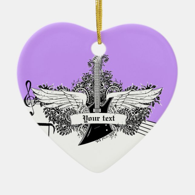 Schwarz-weiße lila Gitarre mit Flügeln Keramik Ornament (Vorne)