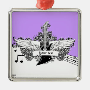 Schwarz-weiße lila Gitarre mit Flügeln Silbernes Ornament