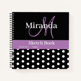 Schwarz-weiße Lila Monogram Polka Dots Sketch Notizbuch