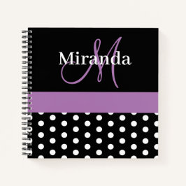 Schwarz-weiße Lila Monogram Script Polka Dots Notizbuch