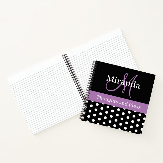 Schwarz-weiße Lila Monogram Script Polka Dots Notizbuch (Innenseite)