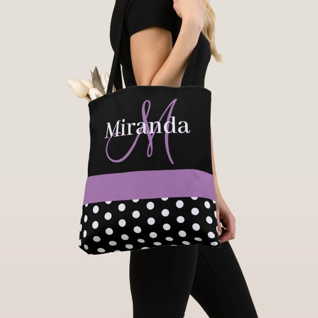 Schwarz-weiße Lila Monogram Script Polka Dots Tasche (Von Nahem)