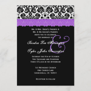Schwarz-weiße Lila Spitzen-Blume Damask Wedding V1 Einladung
