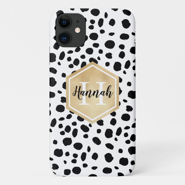 Schwarz-weiße Lochmuster-Gold-Monogramm Case-Mate iPhone Hülle (Rückseite)